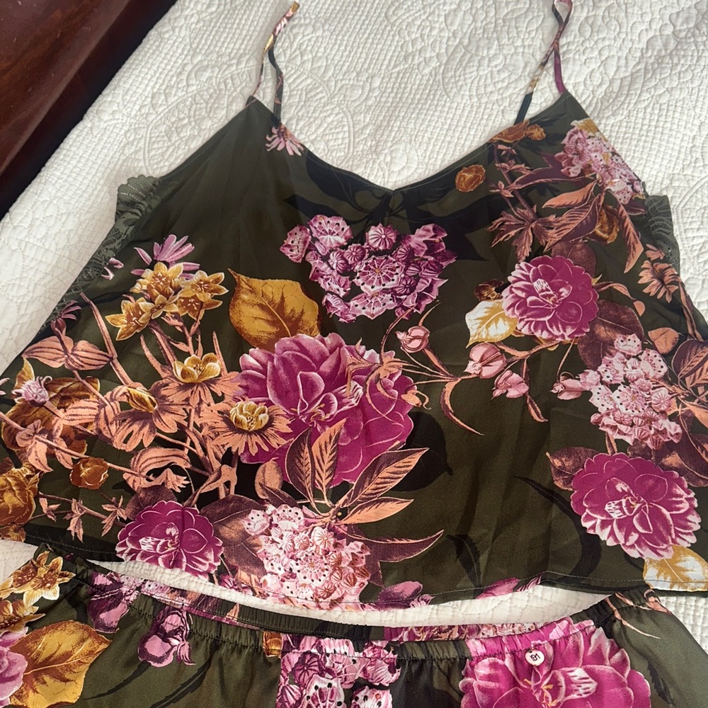 Floral Olive Green and Pink Satin Chemise Set